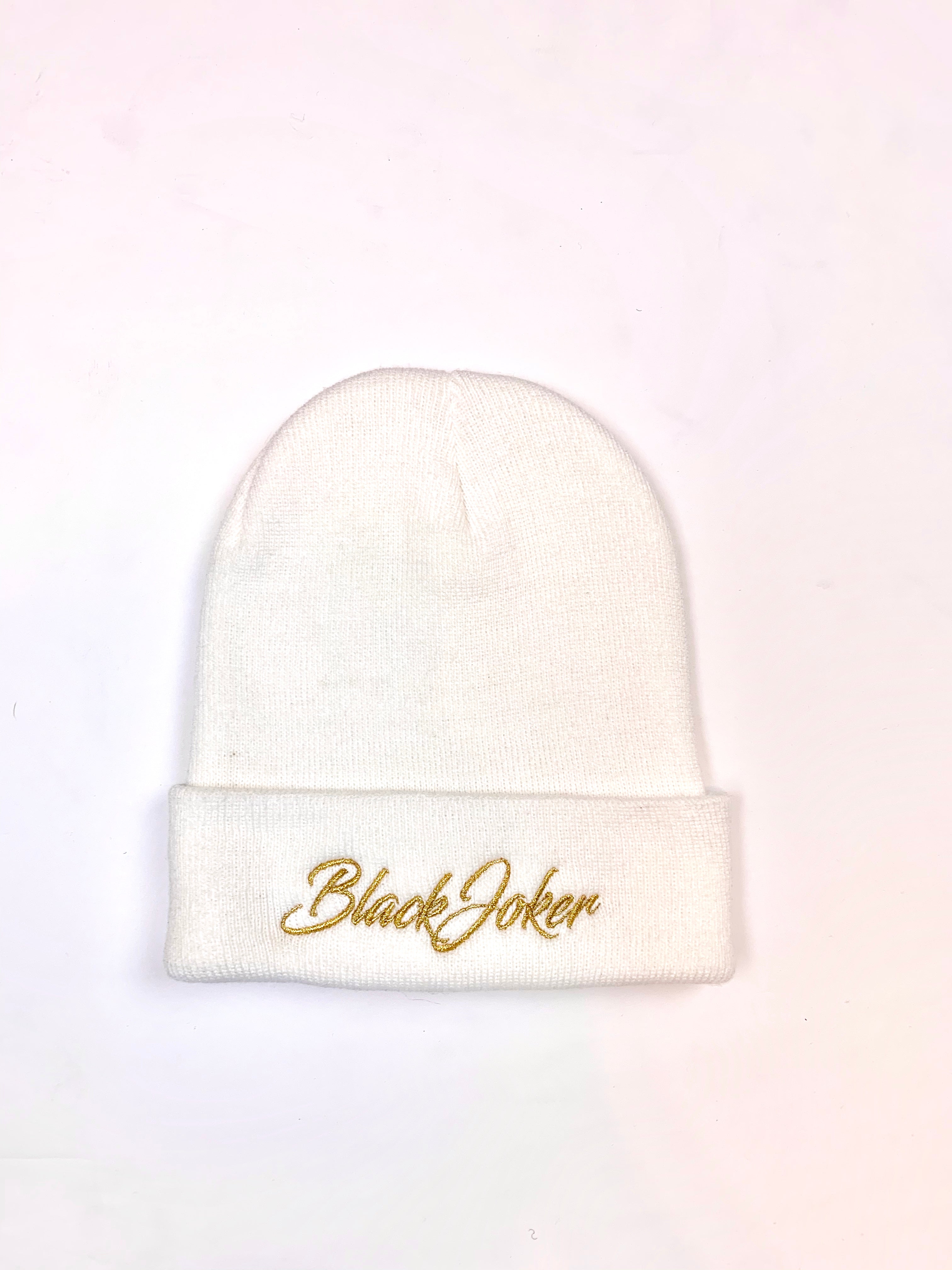 Black Joker Cursive Print Beanie-White with Gold detail