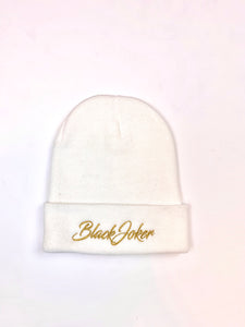 Black Joker Cursive Print Beanie-White with Gold detail